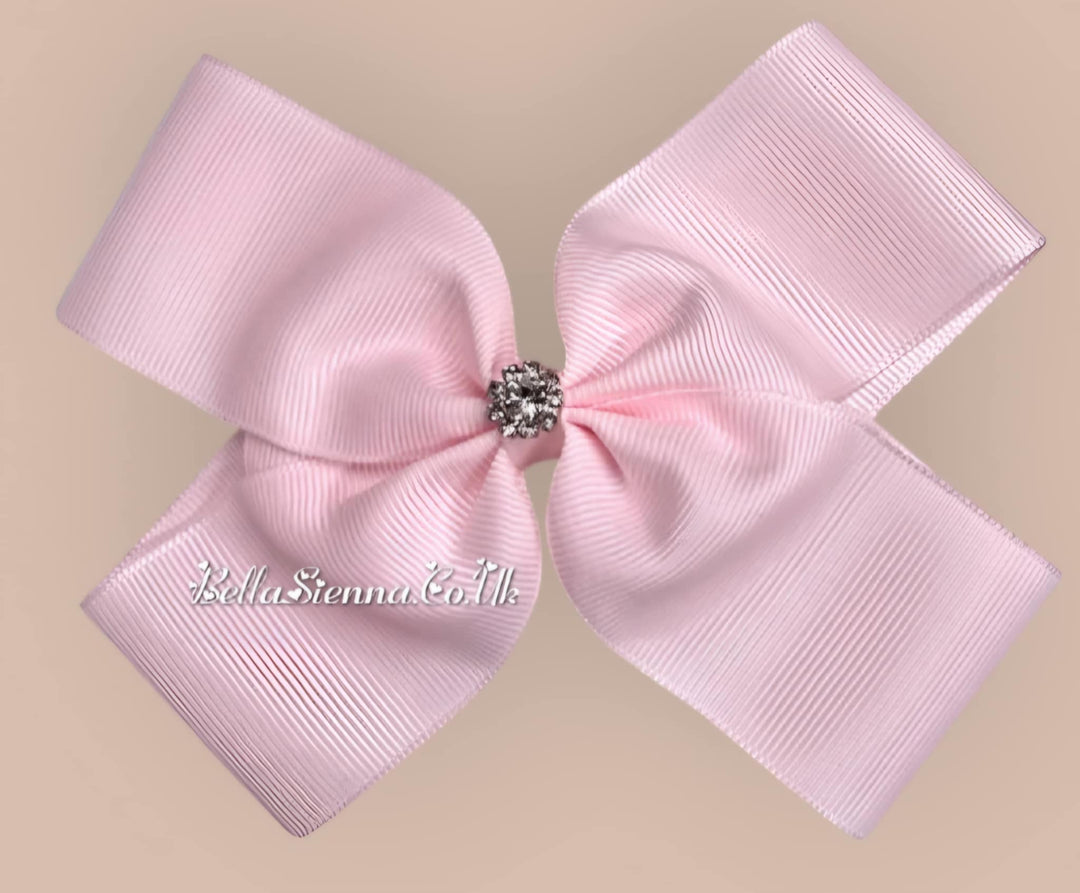 Bowtique London 4 Inch Pink Grosgrain Medium Size Hair Bow With Diamanté Centre