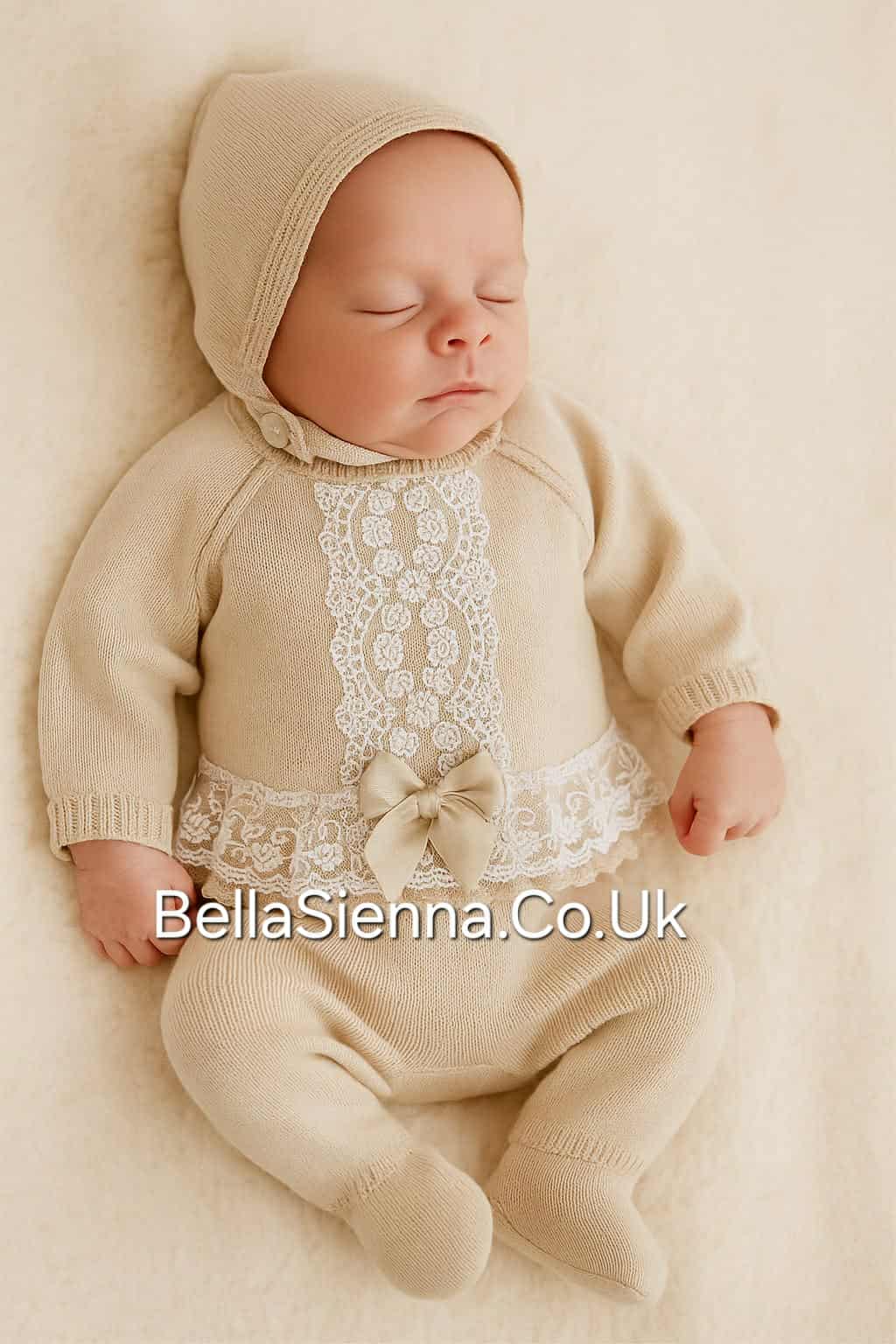 Girls Beige Three Piece Knitted Set With Ivory Lace Bonnet