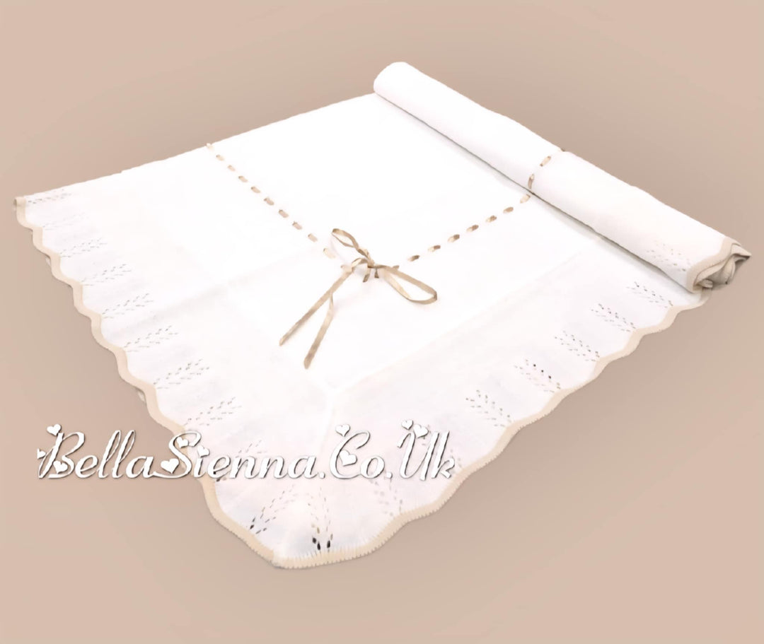 Bella Sienna Ivory With Beige Ribbon Knitted Luxury Shawl With Bow - 3752