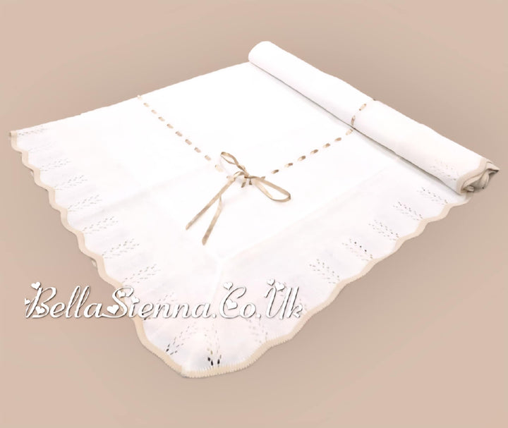 Bella Sienna Ivory With Beige Ribbon Knitted Luxury Shawl With Bow - 3752