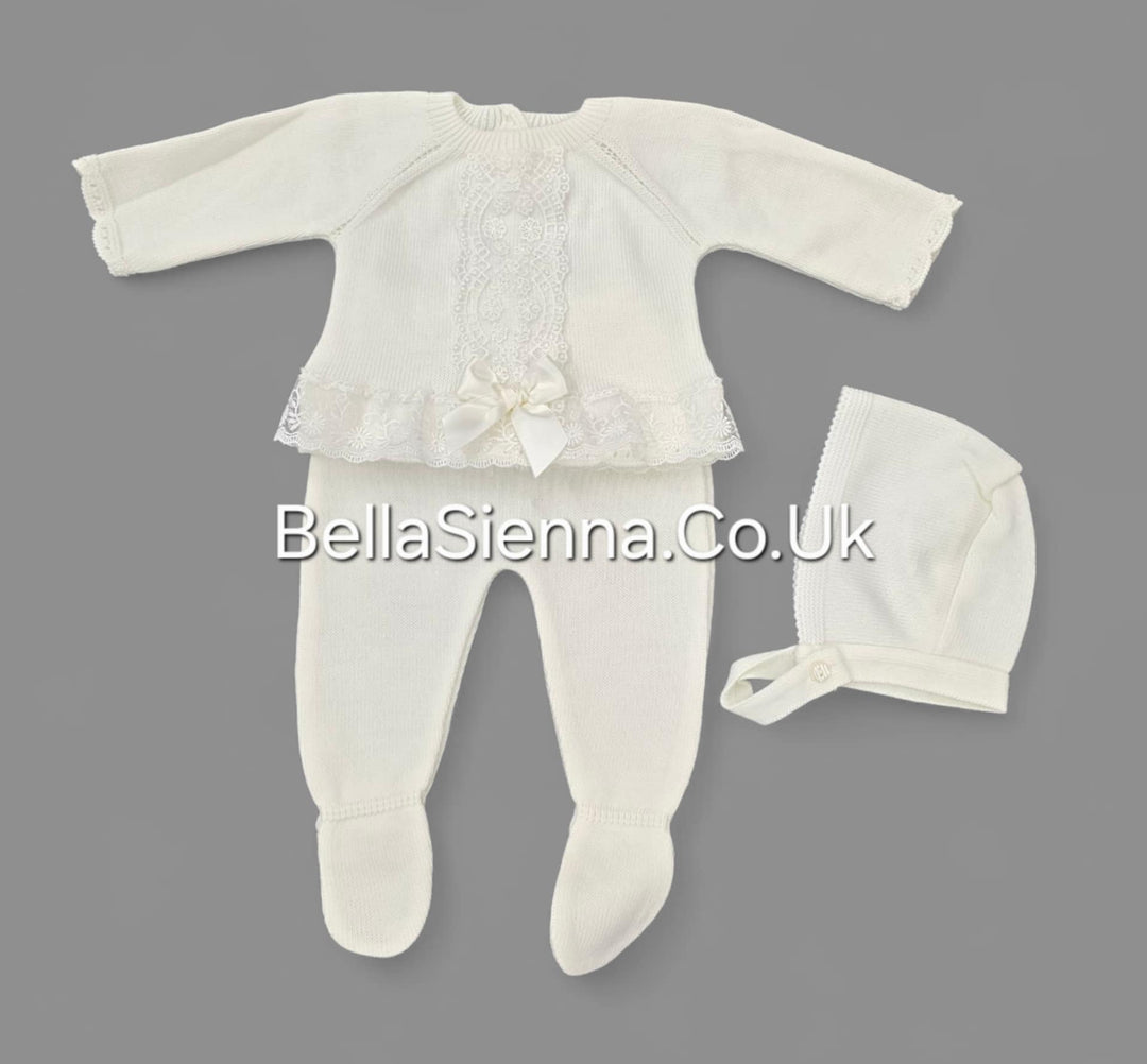 Girls Ivory Three Piece Knitted Set Lace & Bonnet - C9022