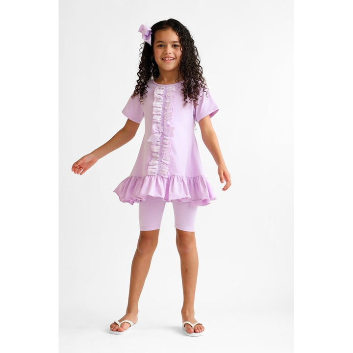 "Larosa" Girls Frilly 3 Piece Tracksuit Set - Lilac - Top, Leggings & Shorts