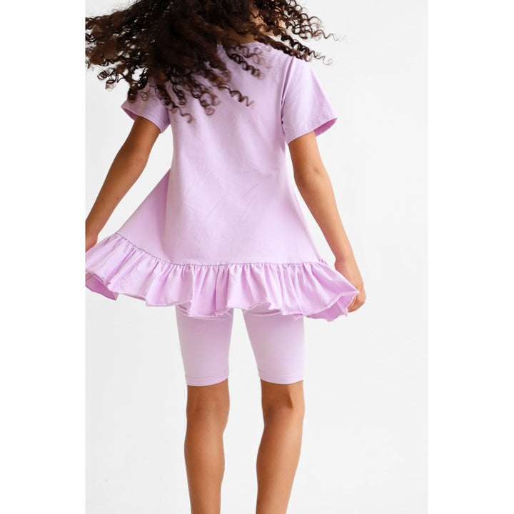 "Larosa" Girls Frilly 3 Piece Tracksuit Set - Lilac - Top, Leggings & Shorts