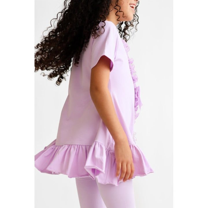 "Larosa" Girls Frilly 3 Piece Tracksuit Set - Lilac - Top, Leggings & Shorts