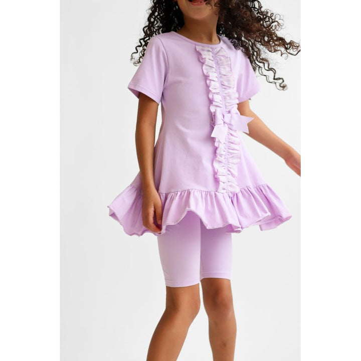 "Larosa" Girls Frilly 3 Piece Tracksuit Set - Lilac - Top, Leggings & Shorts