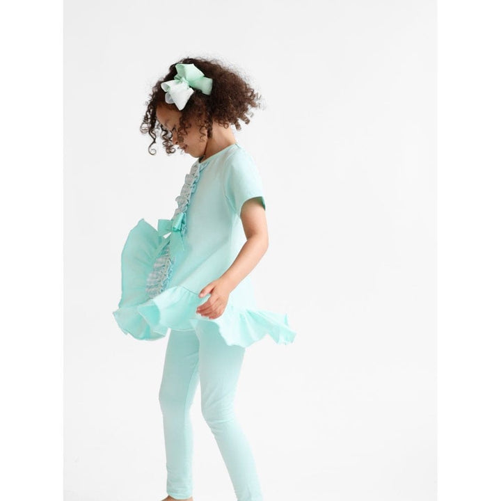"Larosa" Girls Frilly 3 Piece Tracksuit Set - Mint Green - Top, Leggings & Shorts