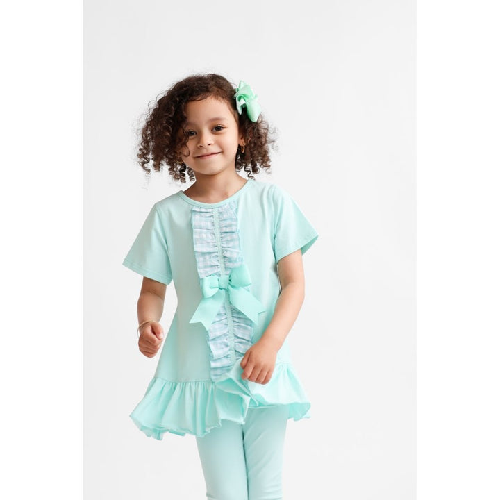 "Larosa" Girls Frilly 3 Piece Tracksuit Set - Mint Green - Top, Leggings & Shorts
