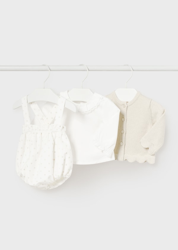 Mayoral Baby Girls Velour Ivory & Champagne Three Piece Set - Romper, Blouse & Cardigan  - 2245