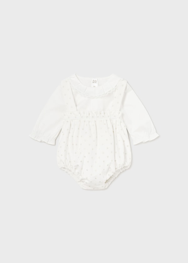 Mayoral Baby Girls Velour Ivory & Champagne Three Piece Set - Romper, Blouse & Cardigan  - 2245