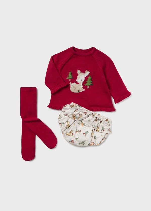 Mayoral Baby Girls Three Piece Set - Jumper, Frilly Jam Pants & Tights - 2243 - Red