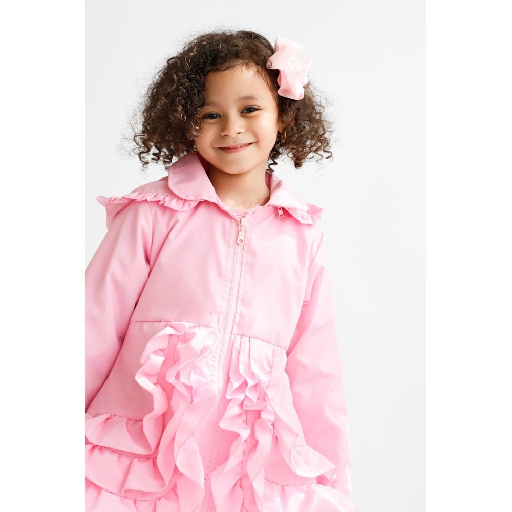 "Pearly" Girls Frilly Ruffle Bow Lightweight Mac - Pink
