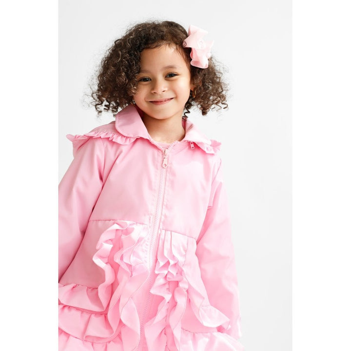 "Pearly" Girls Frilly Ruffle Bow Lightweight Mac - Pink