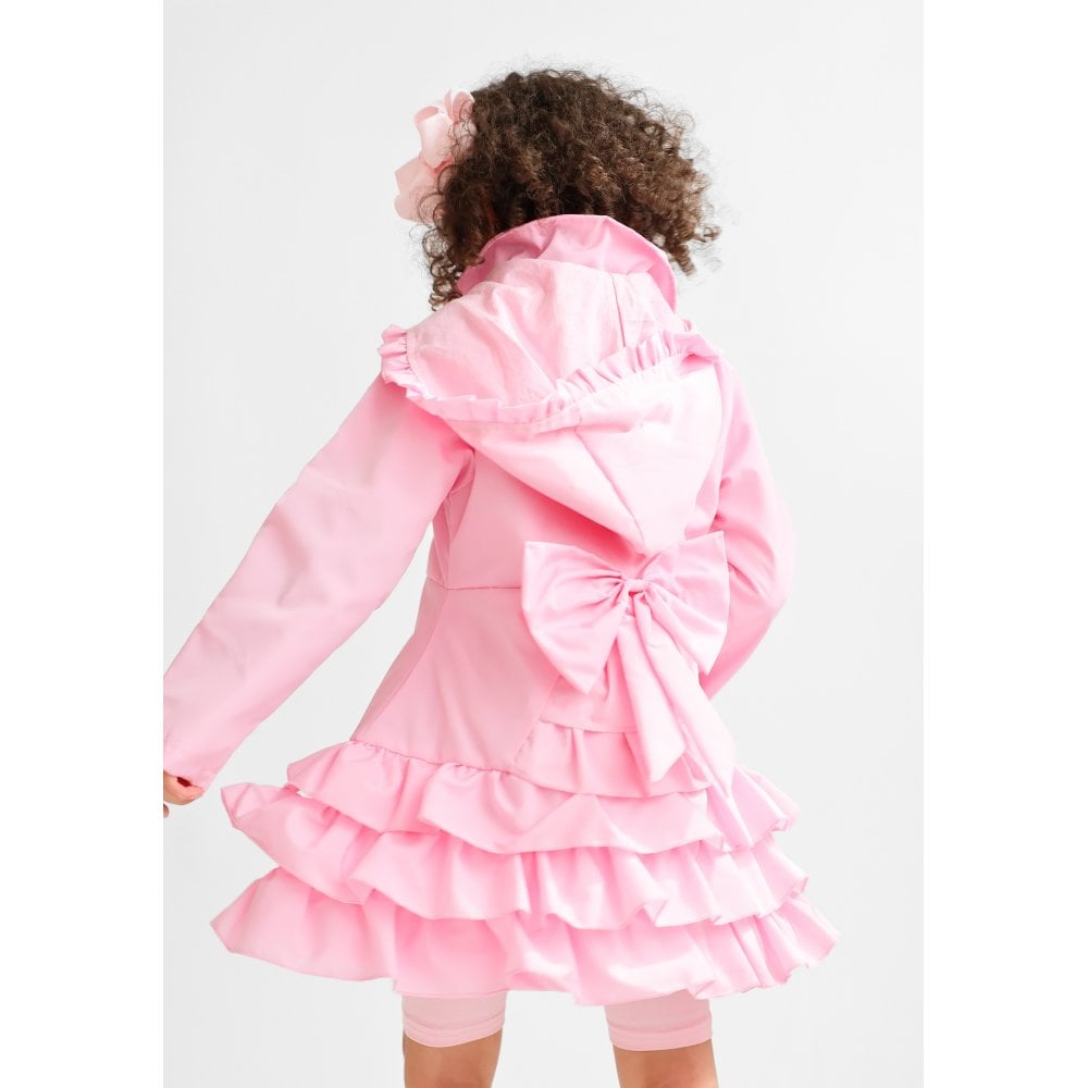 "Pearly" Girls Frilly Ruffle Bow Lightweight Mac - Pink