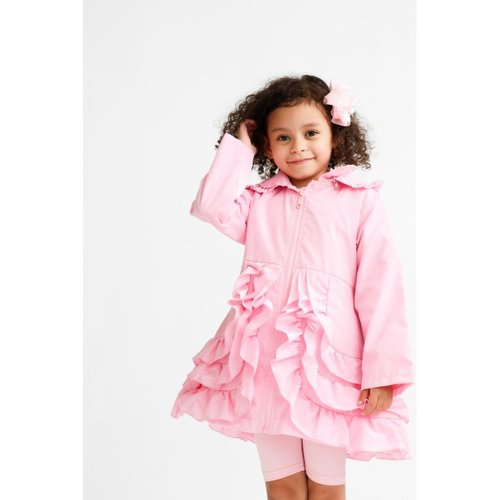 "Pearly" Girls Frilly Ruffle Bow Lightweight Mac - Pink