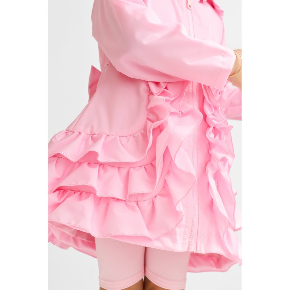 "Pearly" Girls Frilly Ruffle Bow Lightweight Mac - Pink
