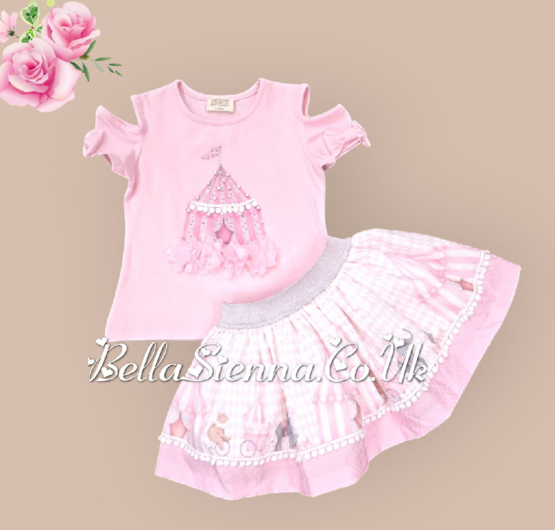 Pink Girls "Circus Fun" Top & Skirt Set With Bows On The Sleeves - 3912
