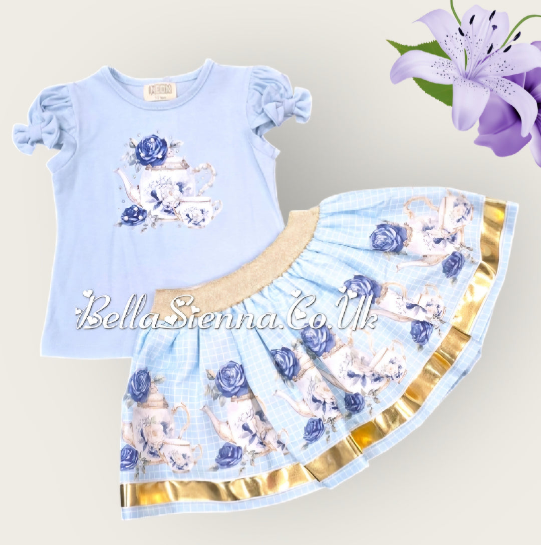 Blue Girls "Tea Party" Top & Skirt Set With Bows On The Sleeves - 3613