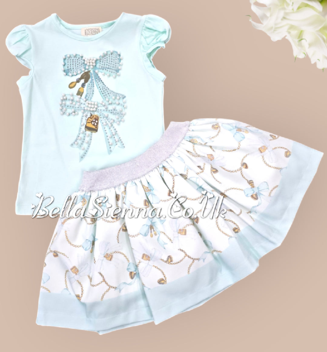 Pastel Green "Bow" Skirt & Top Set With Pearl & Sparkle Detail -3608