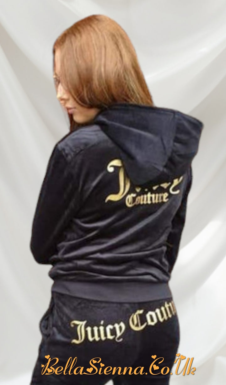 Juicy Couture Black Velour Joggers & Zip Through Jacket With Gold Detail
