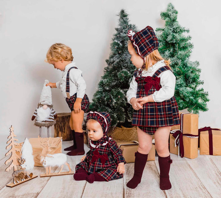 Girls Red Tartan Pinafore Dress & Pants Set - 22047