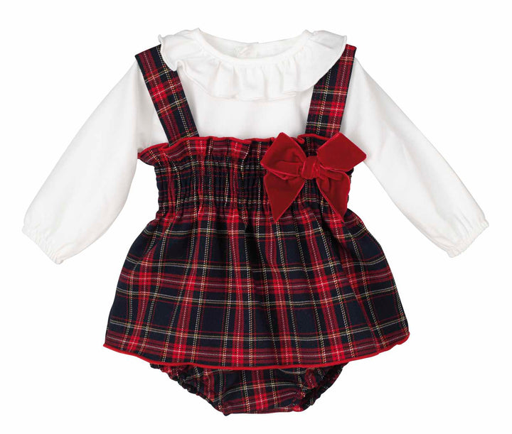 Girls Red Tartan Pinafore Dress & Pants Set - 22047