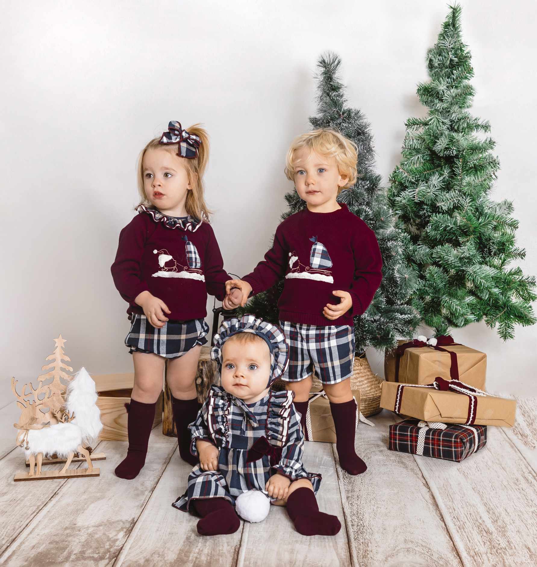 Calamaro Girls Burgundy Navy Check Christmas Jumper Shorts Set - Main Image