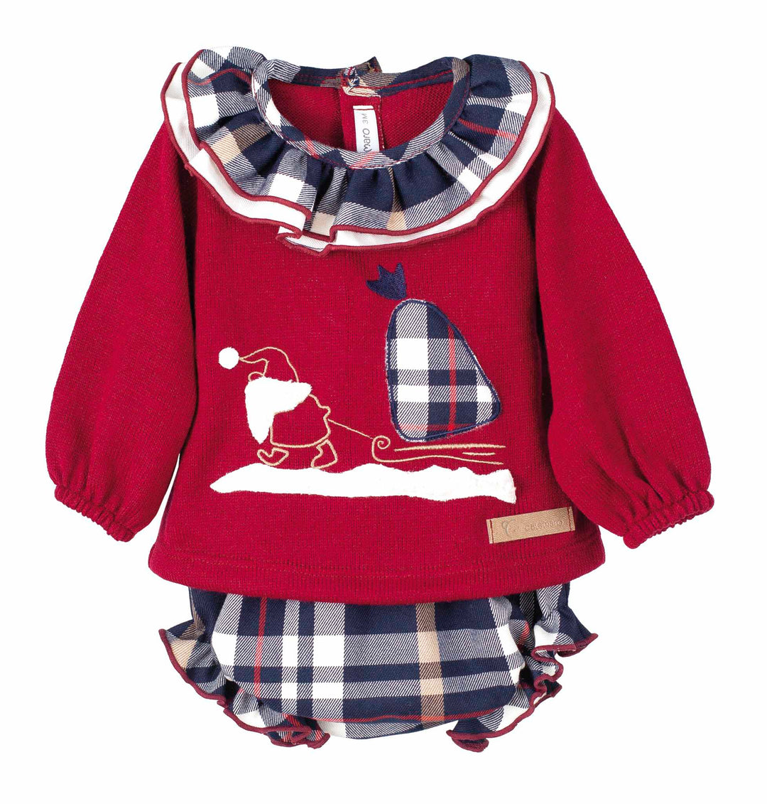 Calamaro Girls Burgundy & Navy Check Christmas  Jumper & Shorts Set With Frilly Collar - 17903