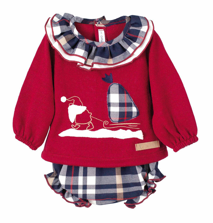 Calamaro Girls Burgundy & Navy Check Christmas  Jumper & Shorts Set With Frilly Collar - 17903
