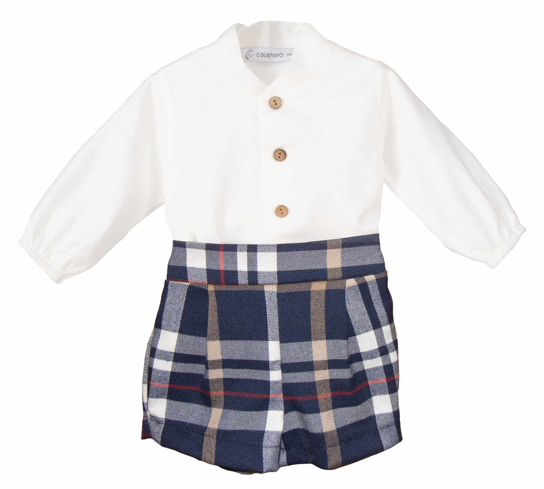 Boys Navy Check Shirt & Shorts Set - 17911