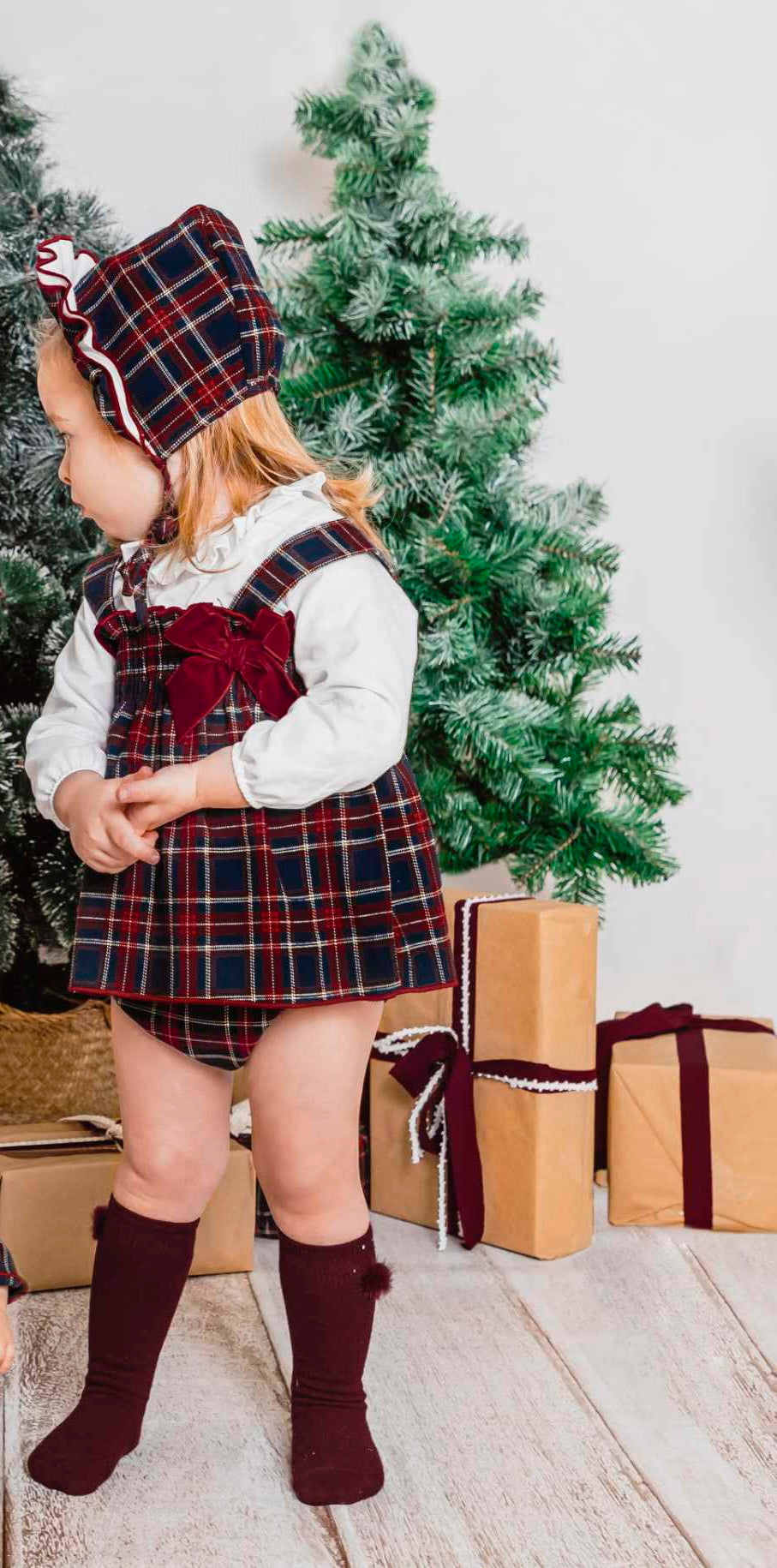 Girls Red Tartan Pinafore Dress & Pants Set