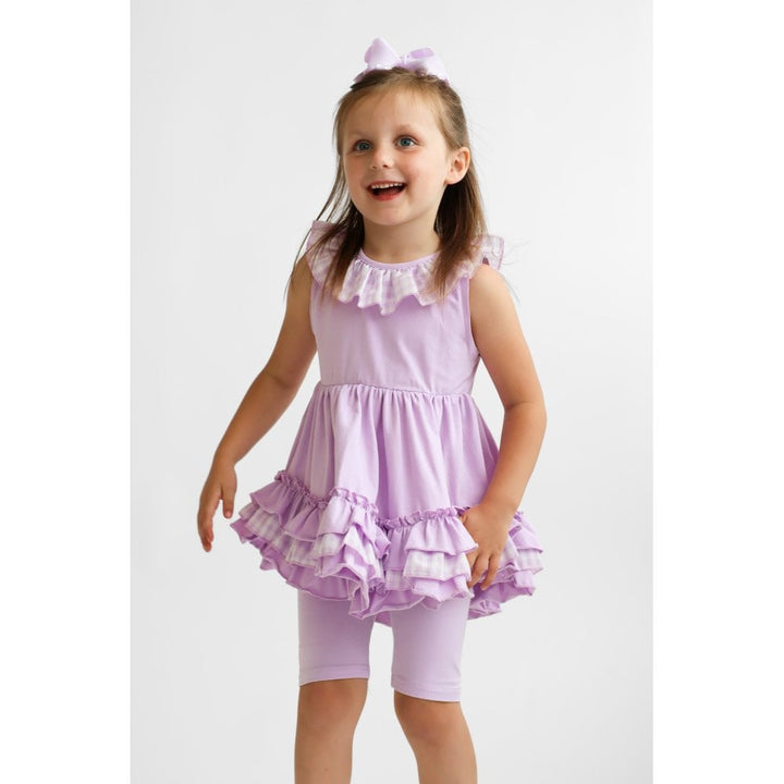 "Remi" Girls Frilly Gingham Cycling Short Set Lilac