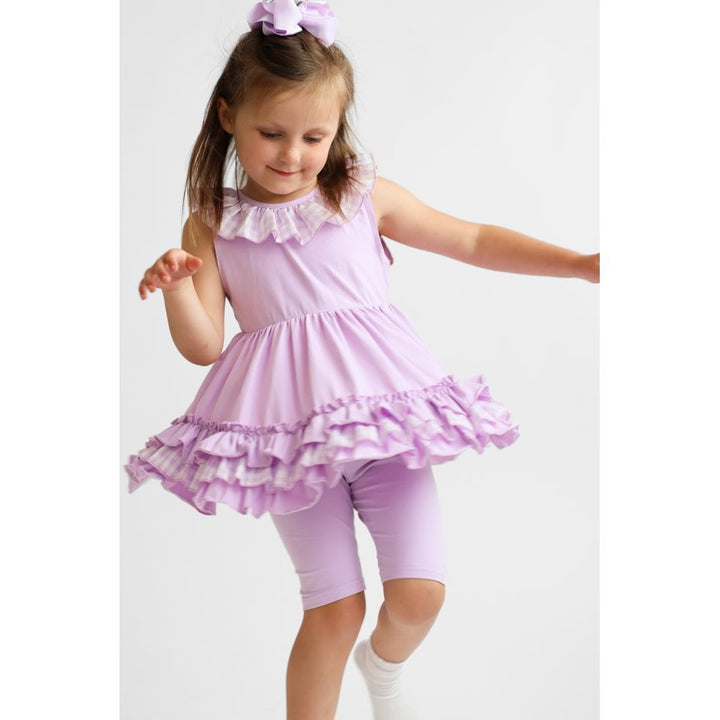 "Remi" Girls Frilly Gingham Cycling Short Set Lilac
