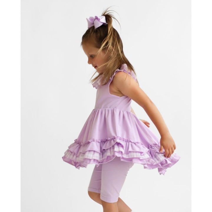 "Remi" Girls Frilly Gingham Cycling Short Set Lilac