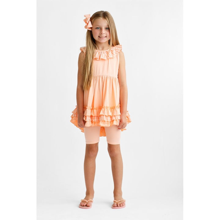 "Remi" Girls Frilly Gingham Cycling Short Set - Peach