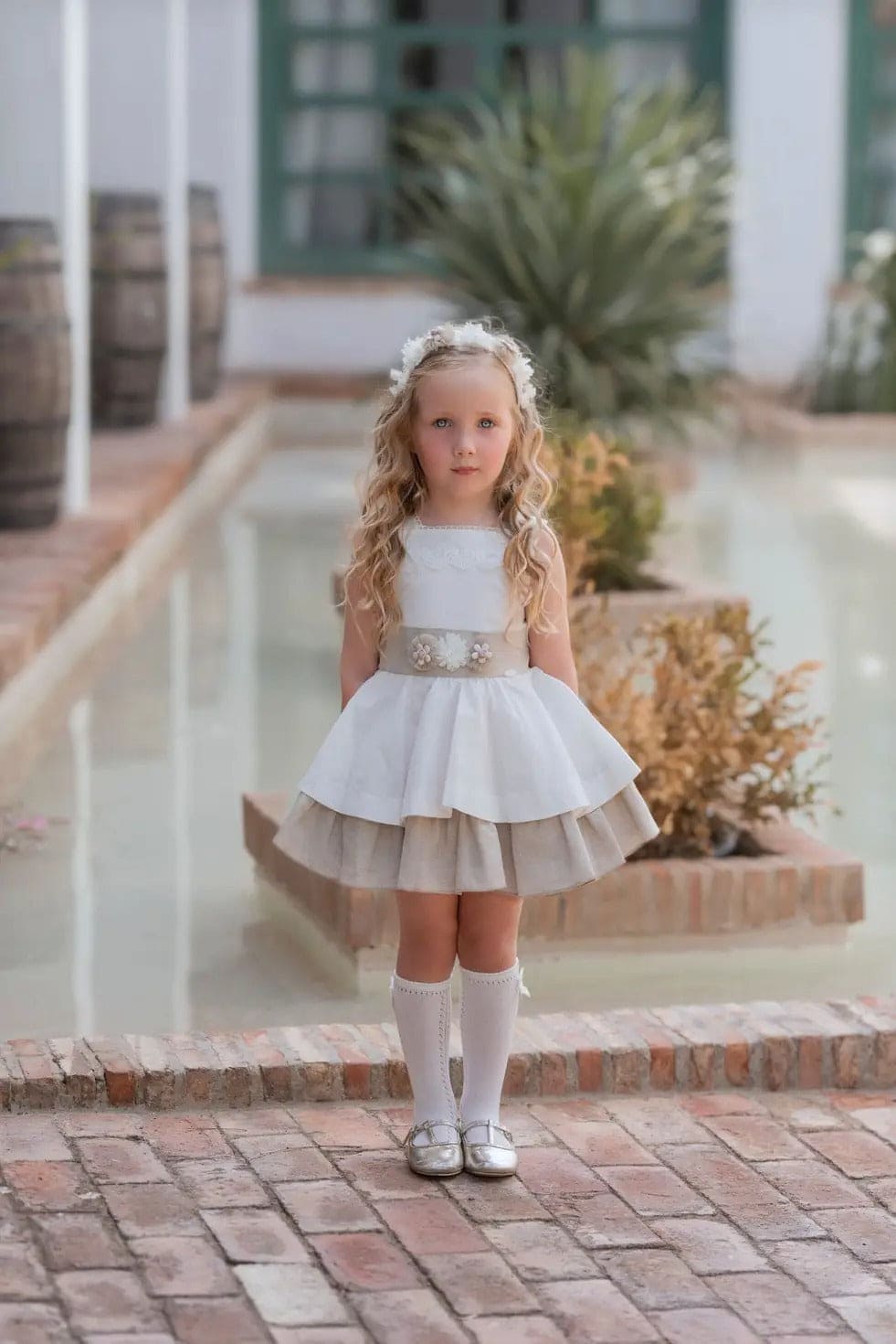 Miranda Girls White & Beige Dress With Big Bow On The Back - 233 V  Bella  Sienna