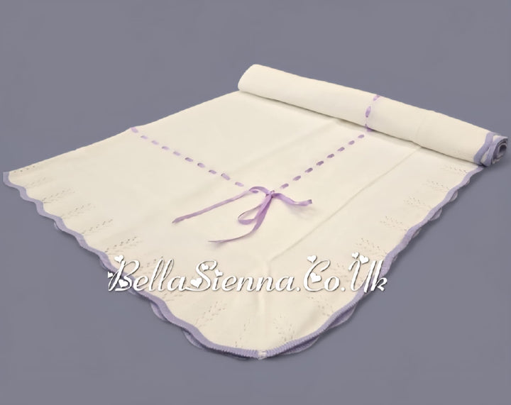 Bella Sienna White & Lilac Knitted Luxury Shawl With Satin Bow - 2220
