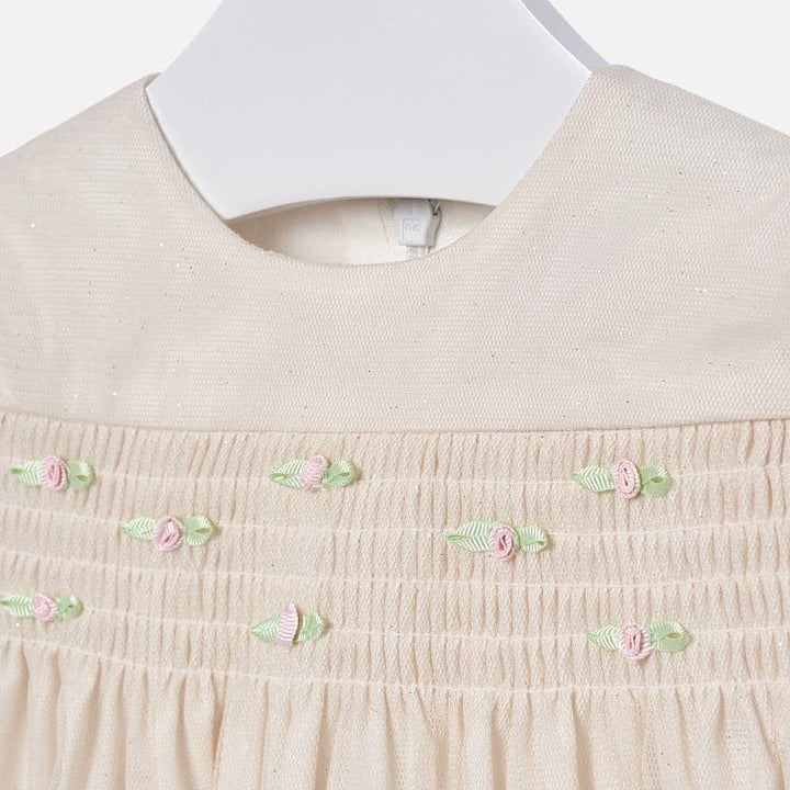 Mayoral Ivory & Champagne/Gold Fleck Smocked & Embroidered Dress - 2932