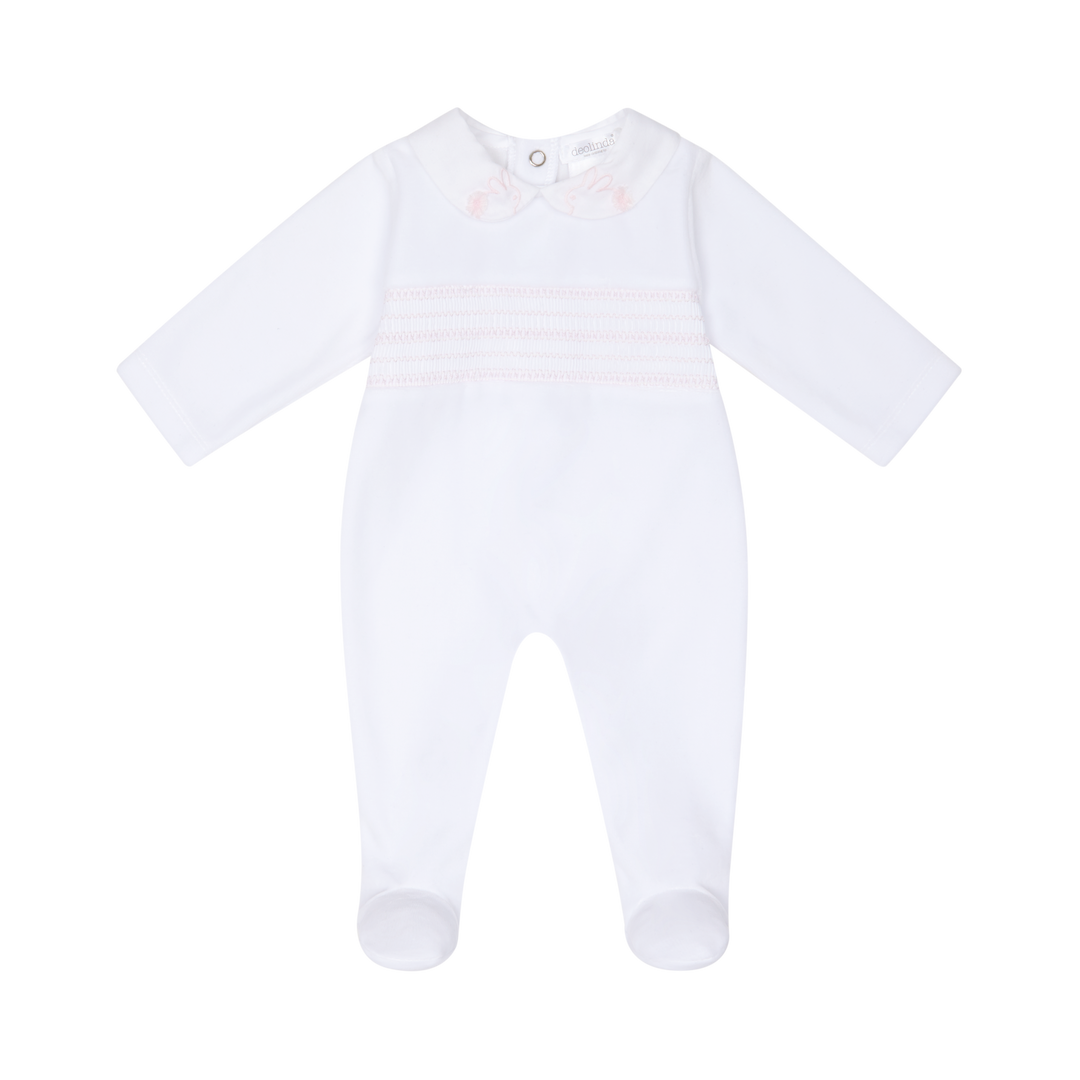 Deolinda Baby Girls White & Pink Velour Smocked Babygrow With Embroidered Bunny Rabbits - DBI25130