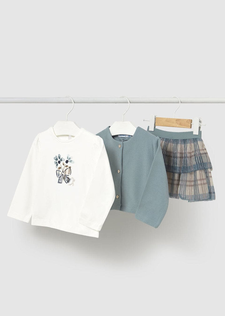 Mayoral Girls Three Piece Set - Skirt, Long Sleeved Top & Cardigan - 2922 - Blue bell