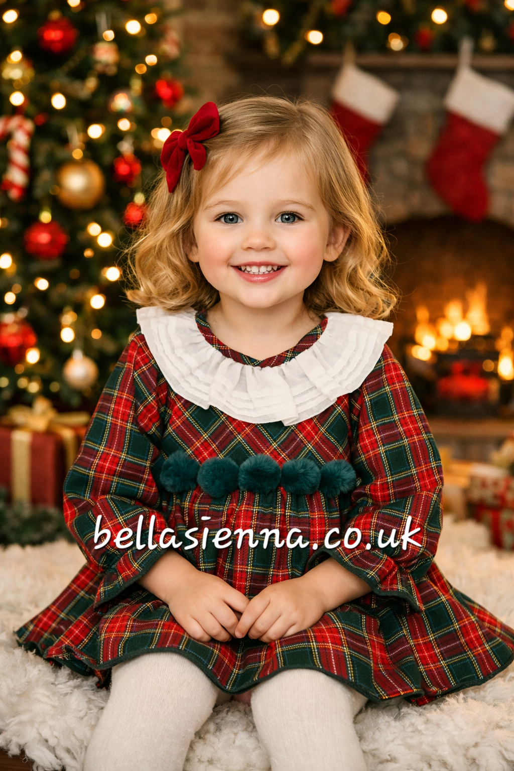 strapless open back dress Calamaro Girls Red & Green Tartan Pom Pom Dress