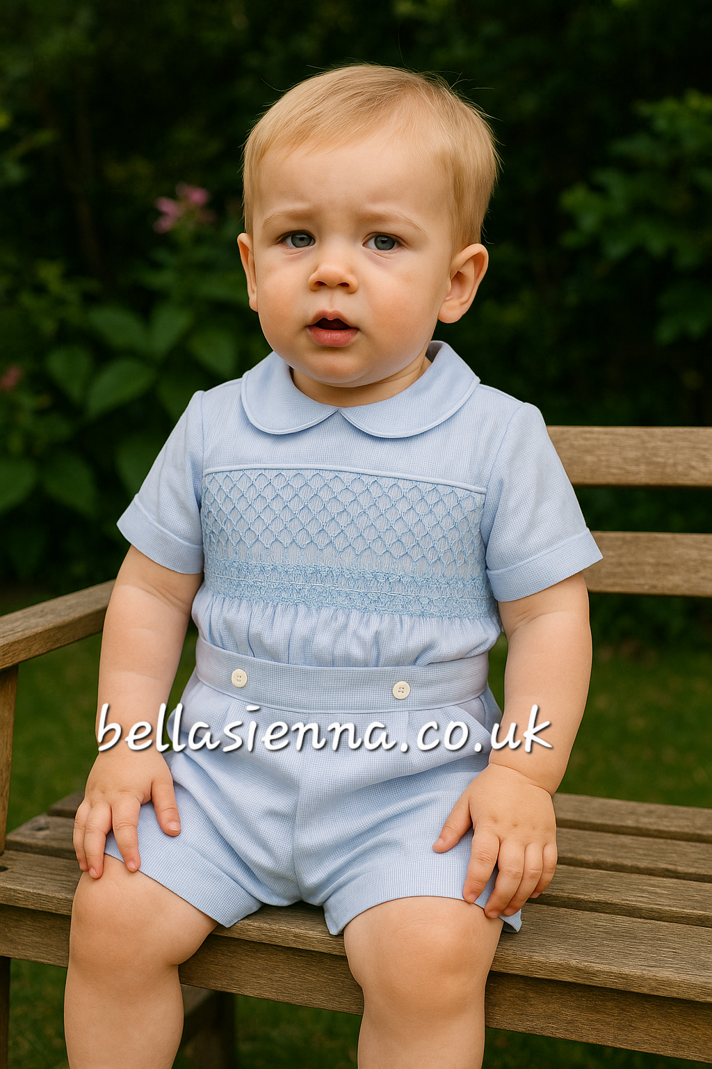 Luxury "Bella Sienna Exclusive" Baby Blue Smocked Boys Outfit