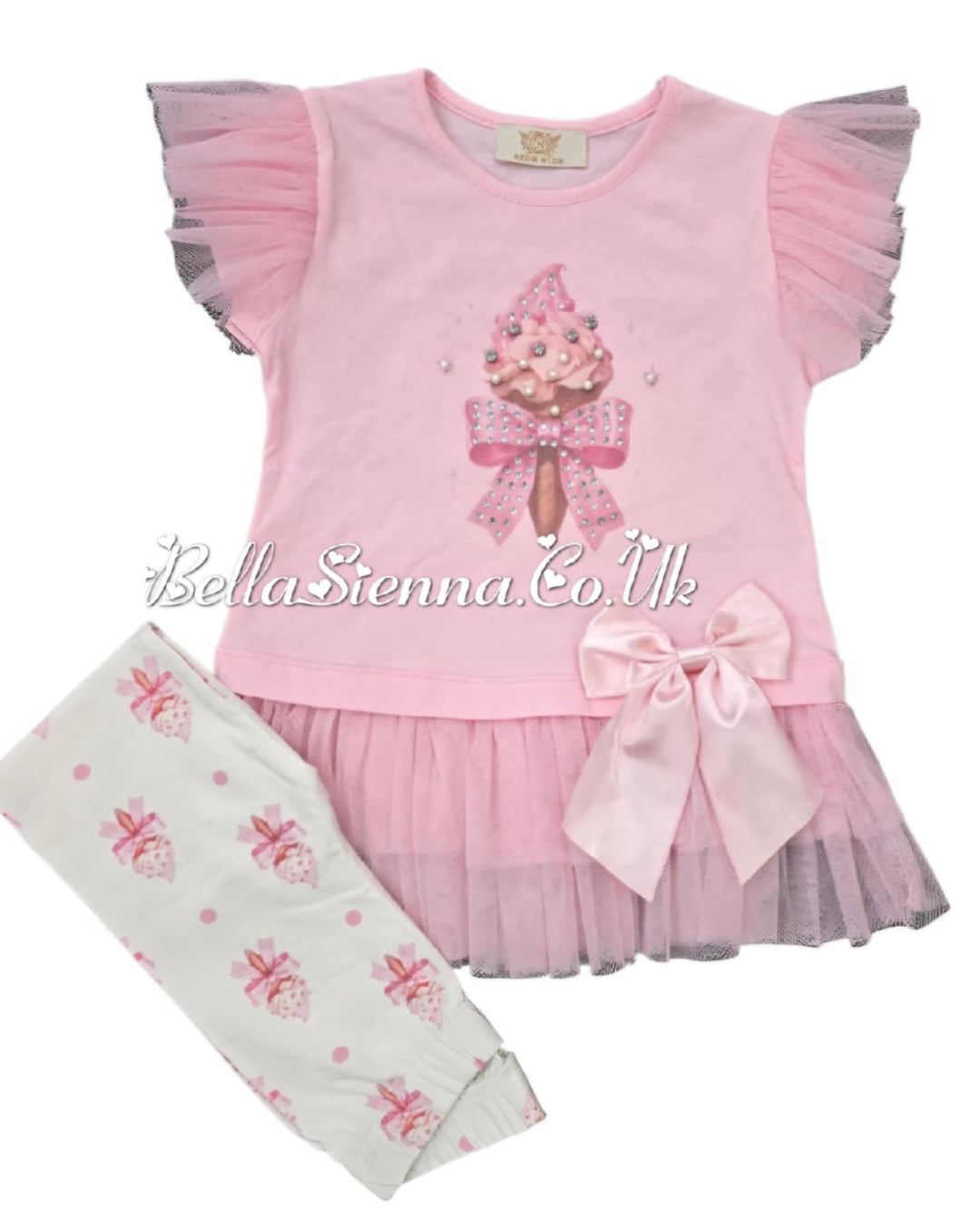 Pink "Ice Cream" Tulle & Bow Leggings Set