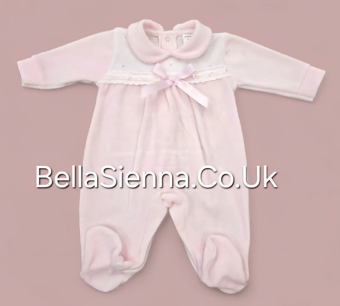 Girls Pink & White Velour All In One Babygrow With Diamante & Bow Detail- 6003