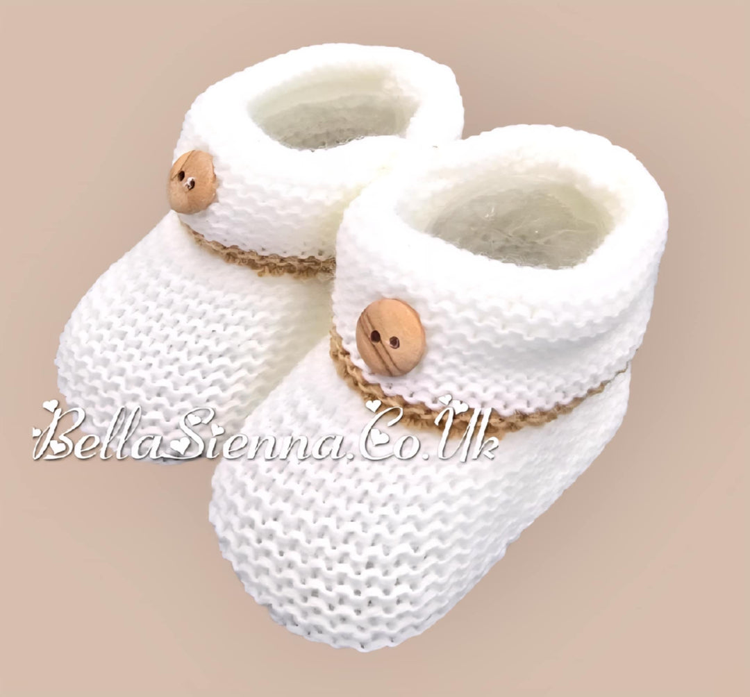 Bella Sienna White & Beige Button Detail Knitted Booties - 111
