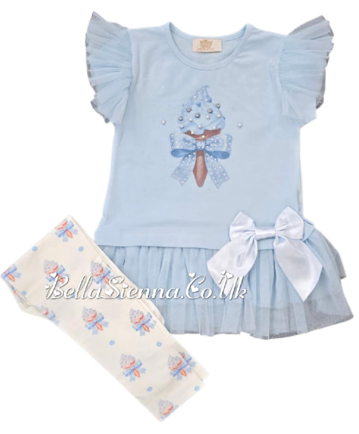 Blue "Ice Cream" Tulle & Bow Leggings Set