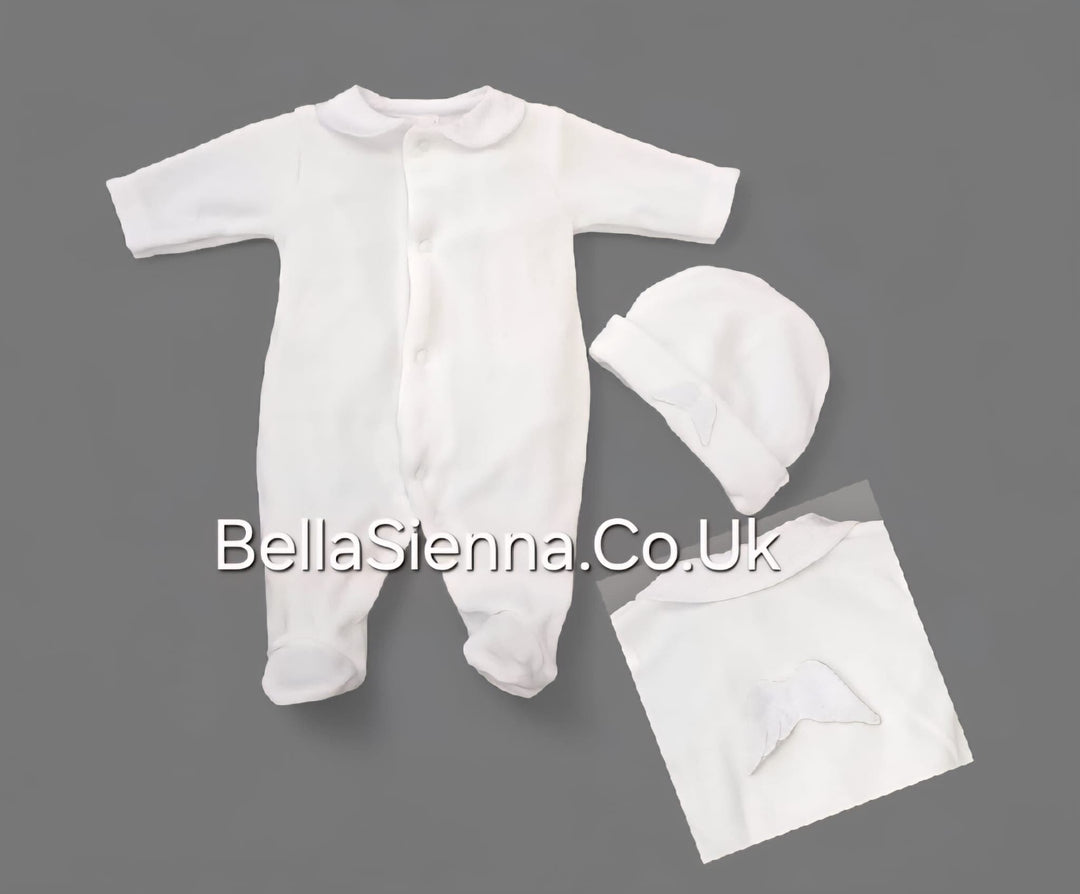 Unisex White Velour Angel Wings All In One Babygrow With Matching Hat - SG137-V