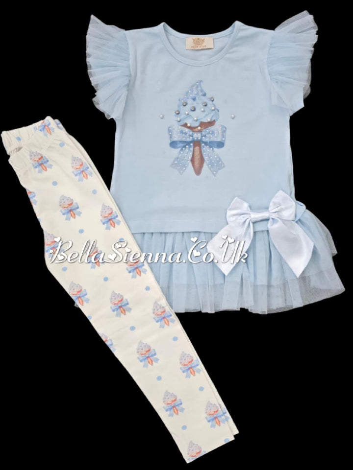 Blue "Ice Cream" Tulle & Bow Leggings Set