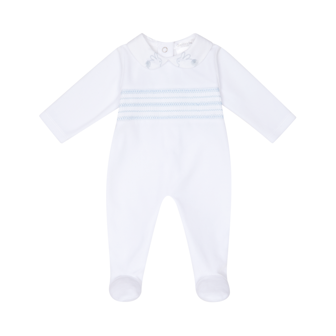 Deolinda Unisex Baby White & Blue Velour Smocked Babygrow With Embroidered Bunny Rabbits - DBI25130