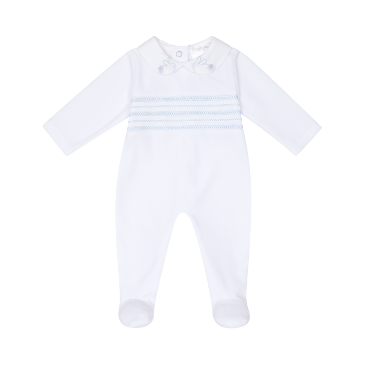 Deolinda Unisex Baby White & Blue Velour Smocked Babygrow With Embroidered Bunny Rabbits - DBI25130