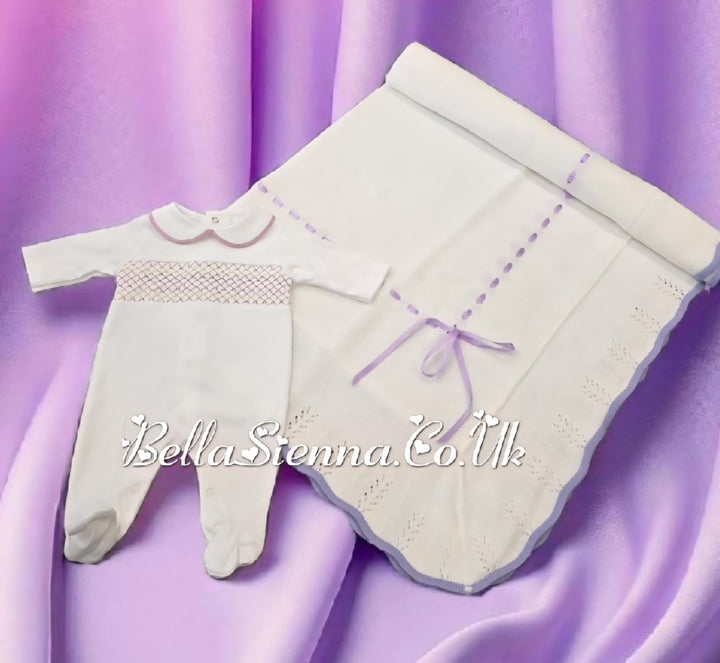 Bella Sienna White & Lilac Knitted Luxury Shawl With Satin Bow - 2220